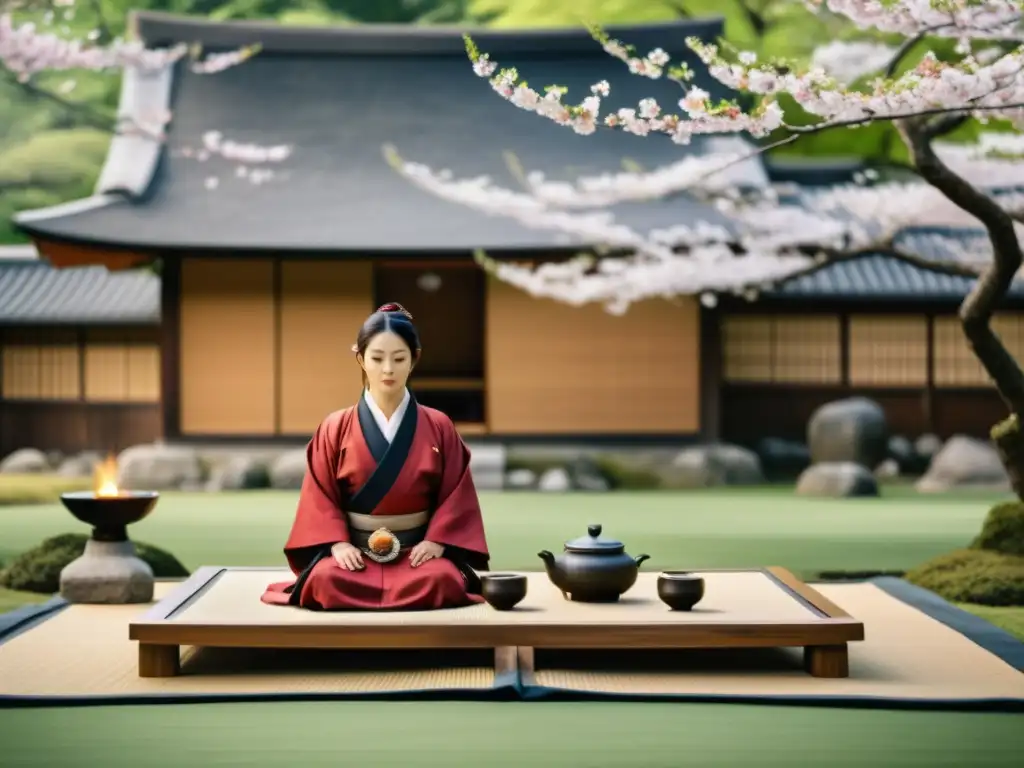 Una ceremonia del té japonesa se lleva a cabo en un jardín tranquilo, con un samurái observando con reverencia