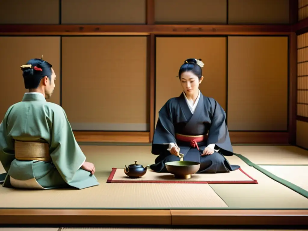 Una ceremonia del té japonesa en la corte imperial, con samuráis participando en el ritual