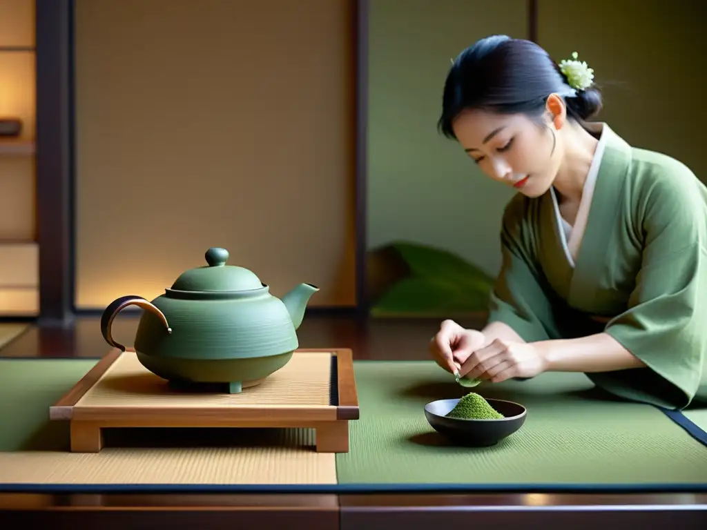 Una ceremonia del té japonesa, capturando la elegancia atemporal y la filosofía espiritual del samurai en un entorno sereno y minimalista