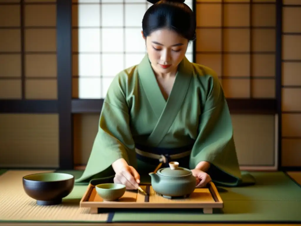 Fotografía en 8k de una ceremonia del té japonesa, capturando la elegancia y serenidad de la estética en el bushido y confucianismo