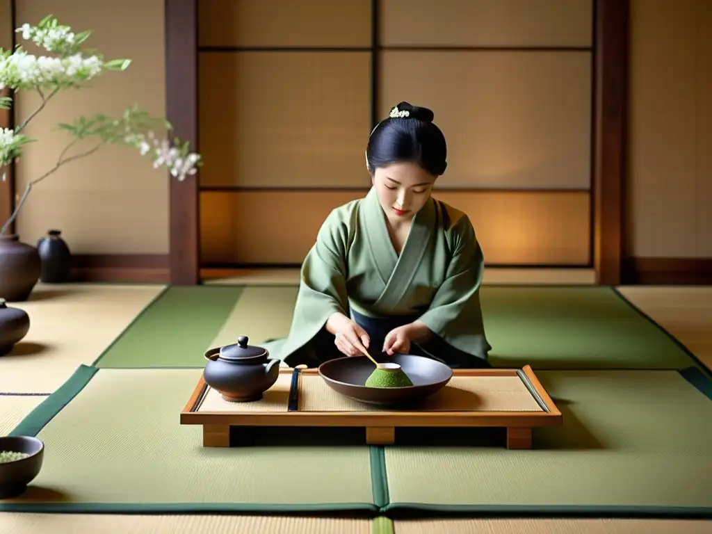 Una ceremonia del té japonesa en una elegante habitación tatami, destacando la gracia del maestro del té y la refinada decoración