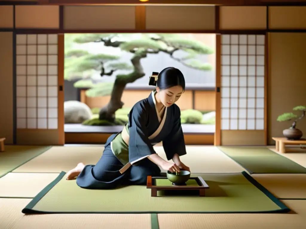 Una ceremonia del té japonesa en una elegante habitación de tatami en Fushimi, Kioto