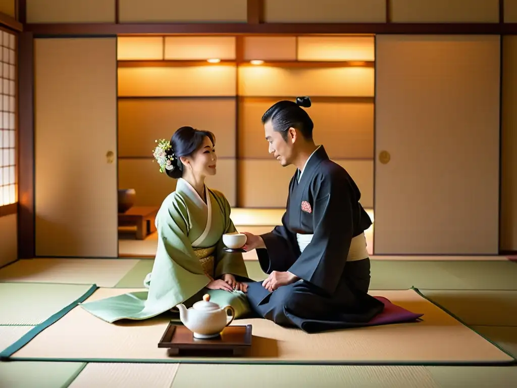 Una ceremonia del té japonesa en una elegante habitación de tatami, con una mujer en kimono sirviendo té a su esposo