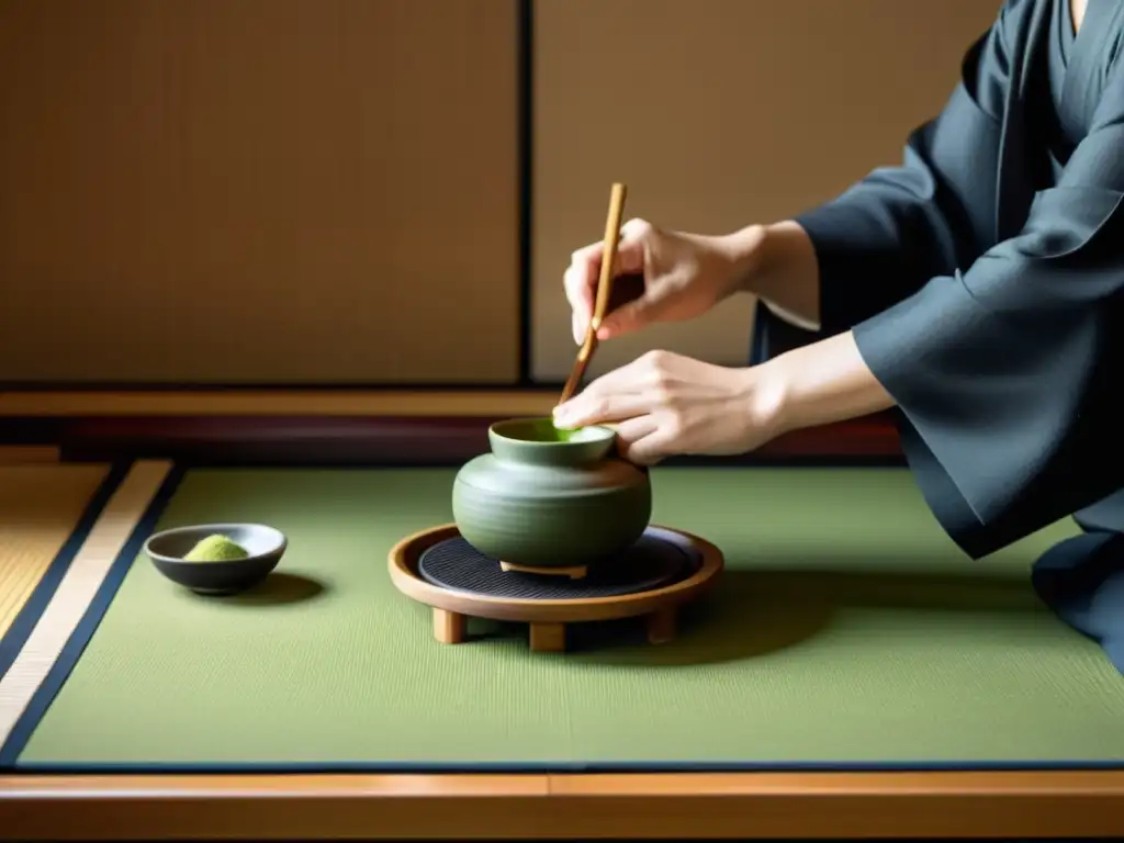 Una ceremonia del té japonesa en una elegante habitación tatami, con movimientos precisos y una atmósfera de tradición atemporal