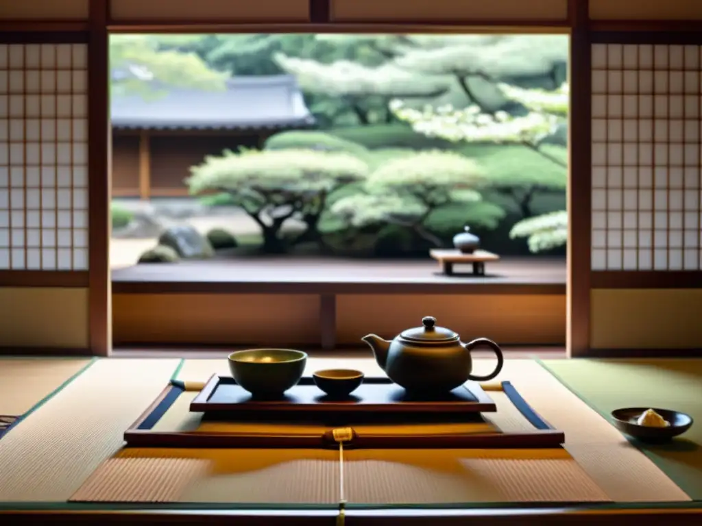 Una ceremonia del té japonesa en un elegante salón, con detalles finos y una atmósfera serena que evoca la 'Diplomacia Samurai en el mundo moderno'