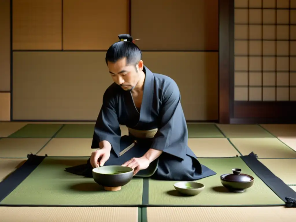 Una ceremonia del té japonesa en un espacio minimalista