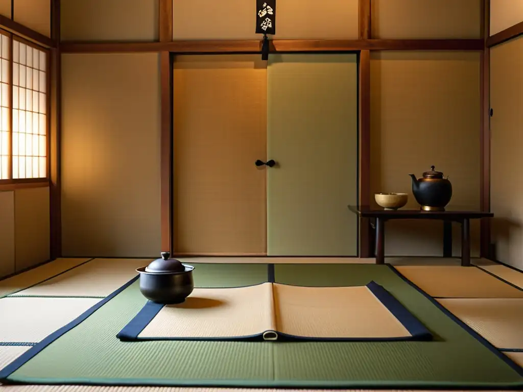 Una ceremonia del té japonesa con estampas y pinturas samurái serenidad, elegante y tranquila, con hermosa decoración y ambiente sereno