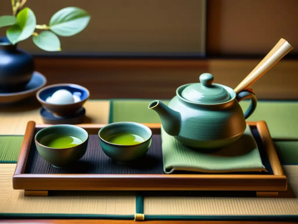 Una ceremonia del té japonesa con estética cultural samurái, destacando la belleza y significado de la gastronomía samurái