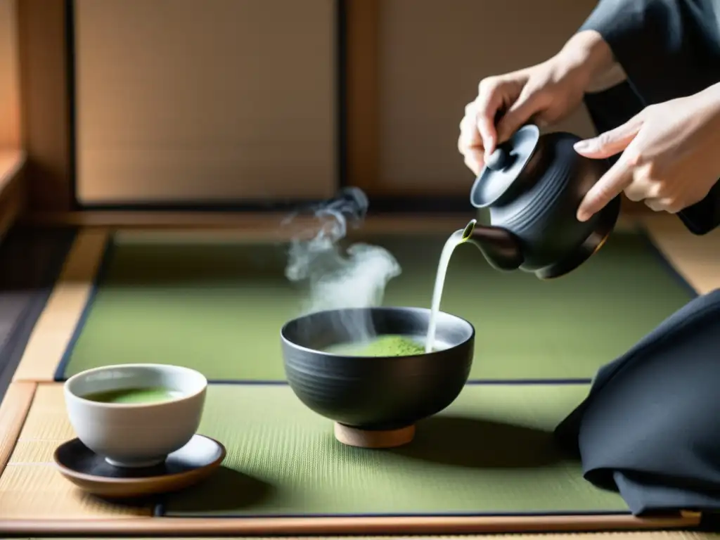 Ceremonia del té japonés: gracia y tradición en blanco y negro Una ceremonia del té japonesa en una habitación minimalista y serena