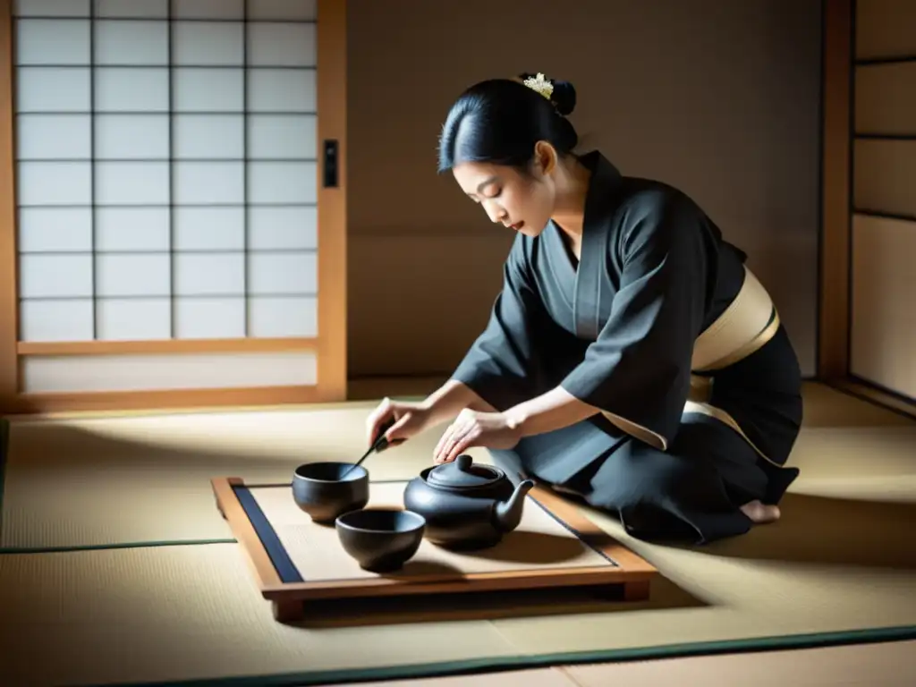 Exquisita ceremonia del té japonés en tatami Una ceremonia del té japonesa en una habitación minimalista, mostrando la Filosofía zen en la era samurái con movimientos precisos y meditativos