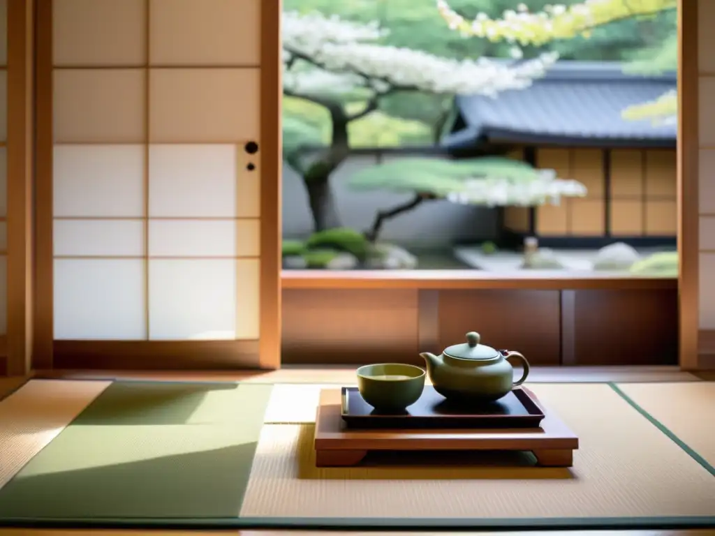 Una ceremonia del té japonesa en una habitación minimalista, con un set de té ornado con motivos de cerezos