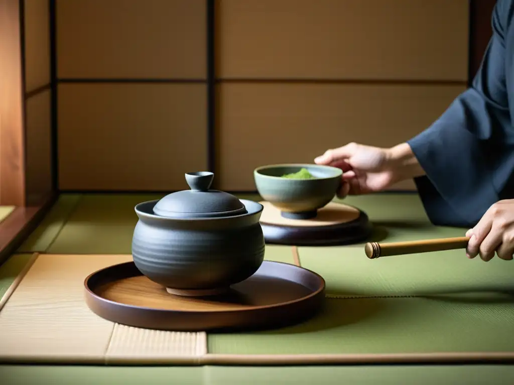 Una ceremonia del té japonesa en una habitación minimalista y serena, con influencia china en ética samurai