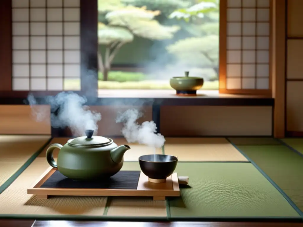 Una ceremonia del té japonesa en una habitación minimalista y serena