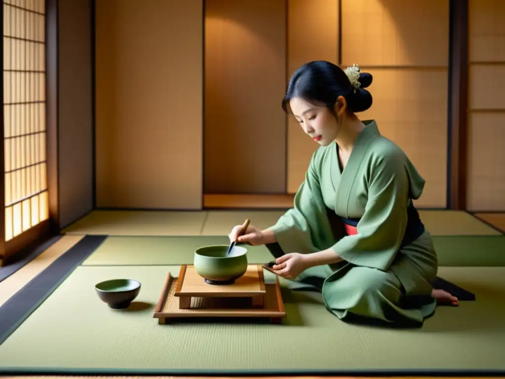 Una ceremonia del té japonesa en una habitación minimalista con un maestro del té en kimono