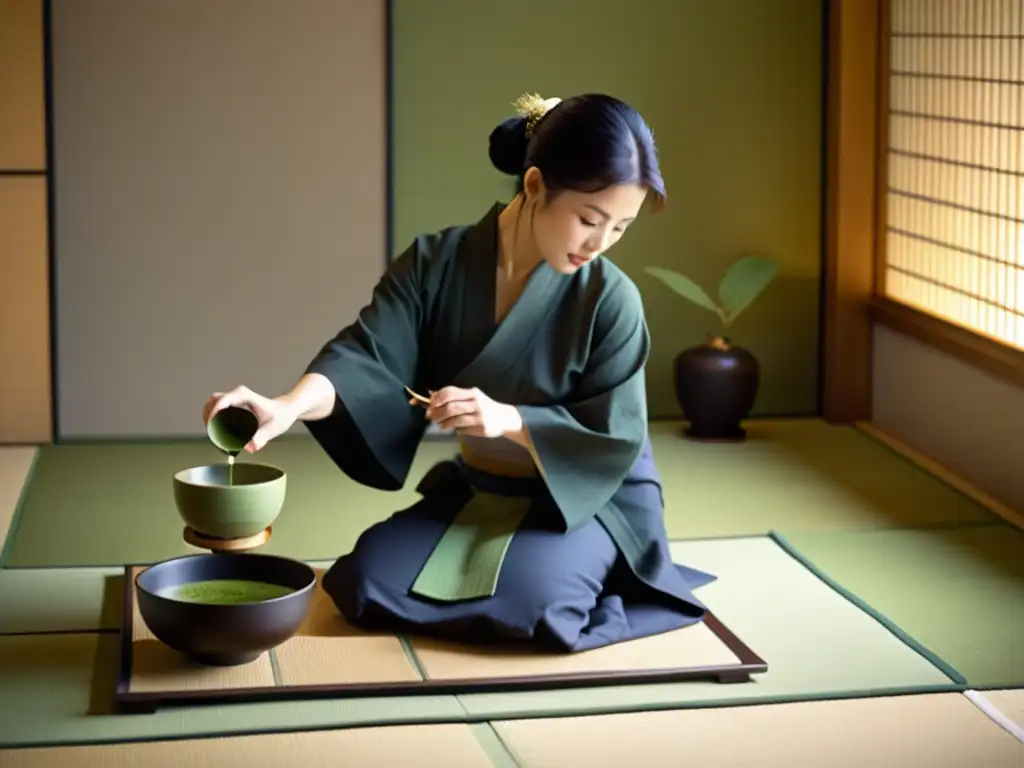 Una ceremonia del té japonesa en una habitación minimalista, mostrando equilibrio en la cotidianidad samurái