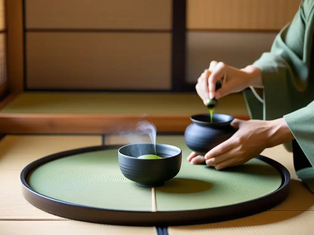 Una ceremonia del té japonesa en una habitación minimalista, con un maestro del té vertiendo matcha en tazas de cerámica