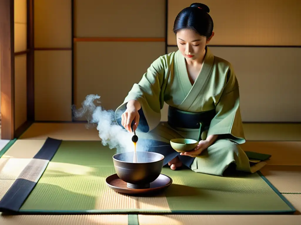 Una ceremonia del té japonesa en una habitación minimalista y serena, con un maestro del té en kimono