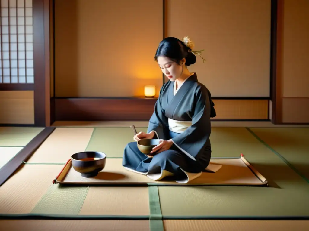 Una ceremonia del té japonesa en una habitación serena con una mujer usando kimono