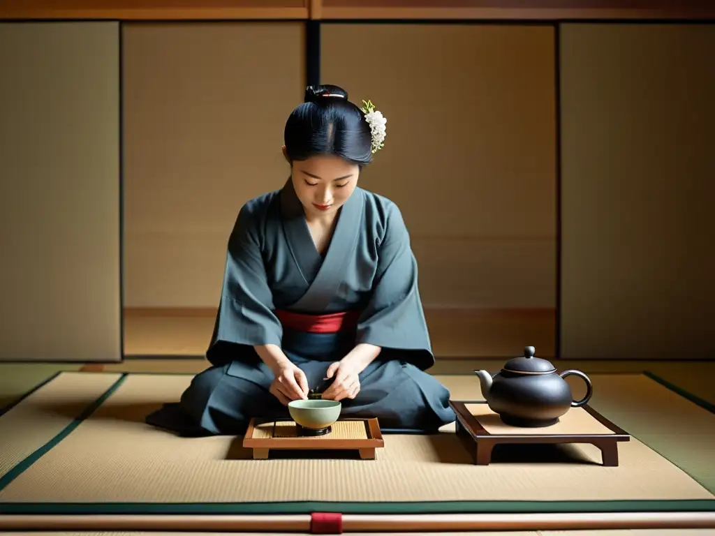 Una ceremonia del té japonesa en una habitación serena con líderes samuráis