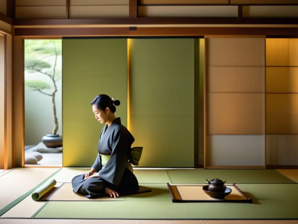 Una ceremonia del té japonesa se desarrolla en una habitación serena con un samurái vestido con kimono