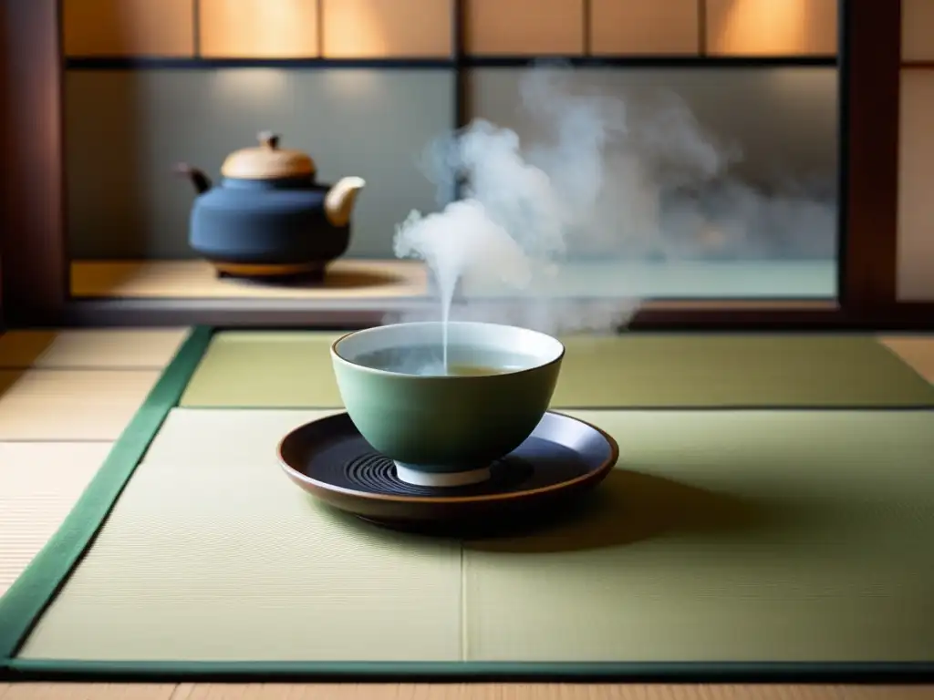 Una ceremonia del té japonesa en una habitación serena, con movimientos precisos y meditativos