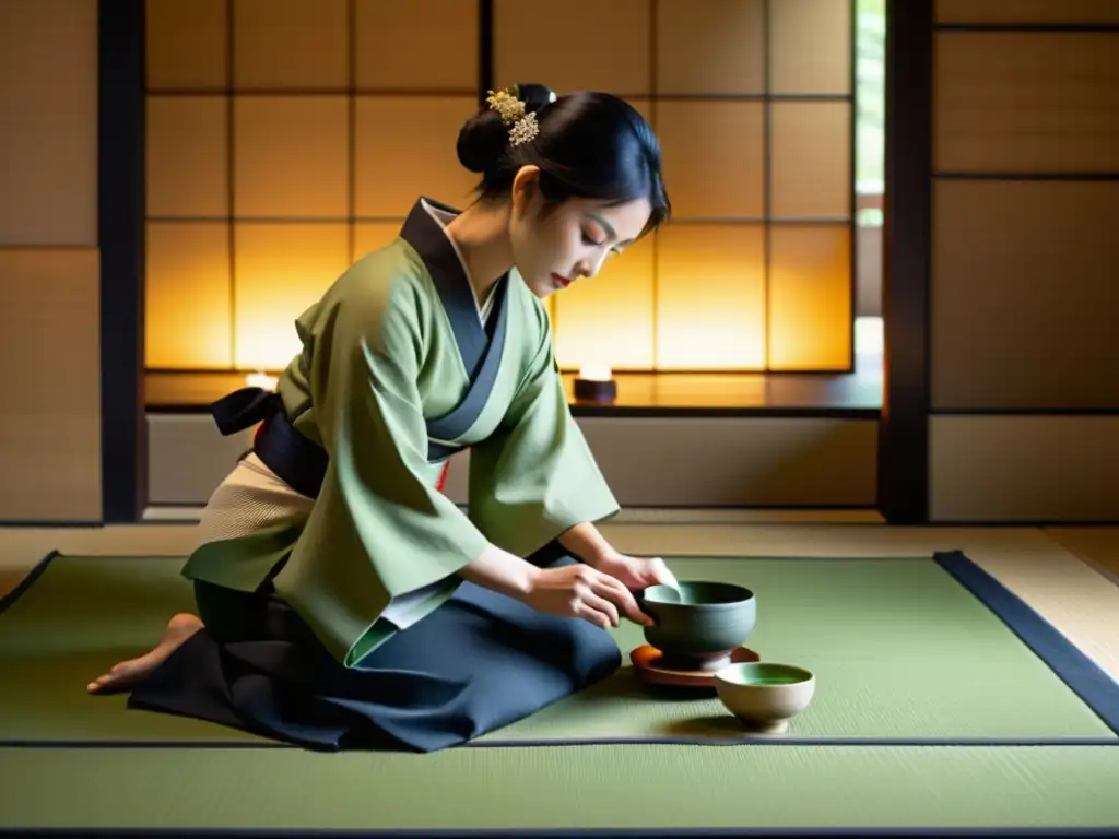 Una ceremonia del té japonesa en una habitación serena, donde una mujer en kimono vierte matcha en tazas, acompañada por un samurái