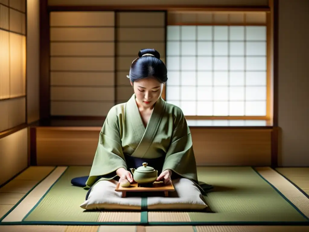 Una ceremonia del té japonesa en una habitación serena, con un anfitrión vestido con un kimono, sirviendo té matcha con movimientos precisos