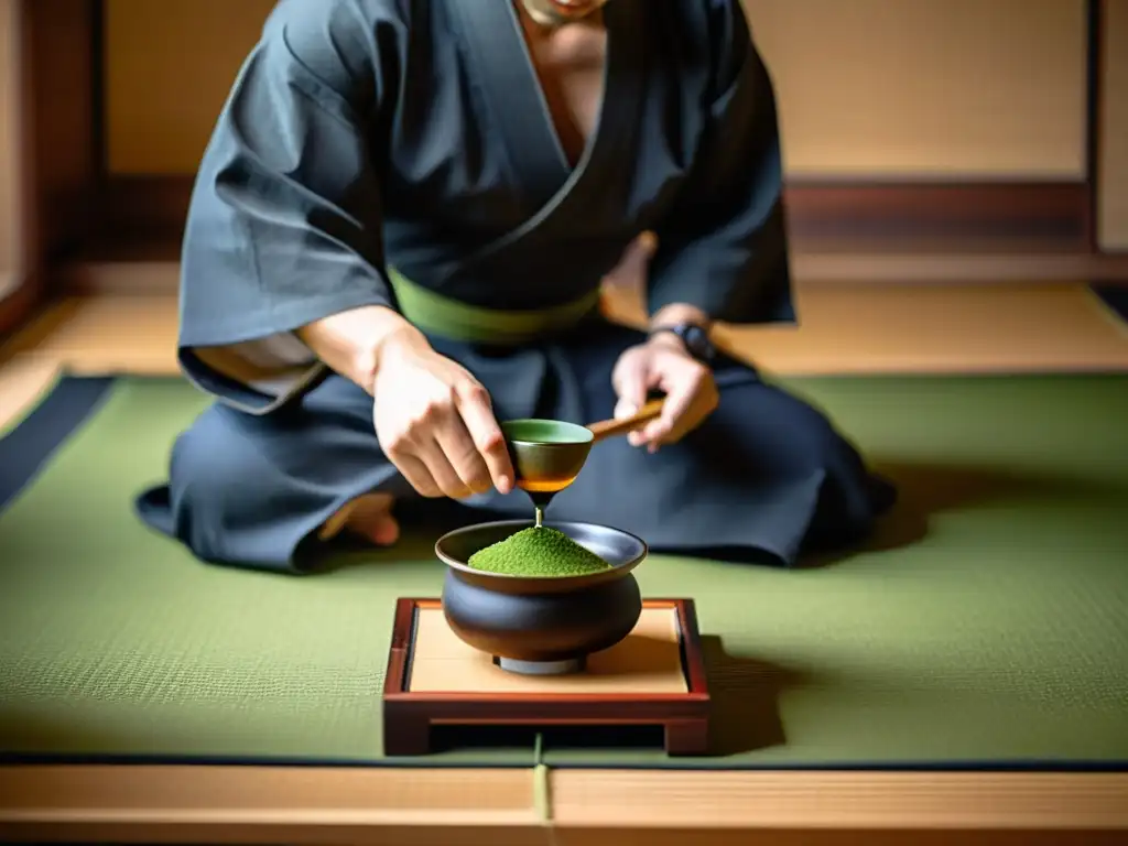 Una ceremonia del té japonesa en una habitación serena con movimientos meticulosos