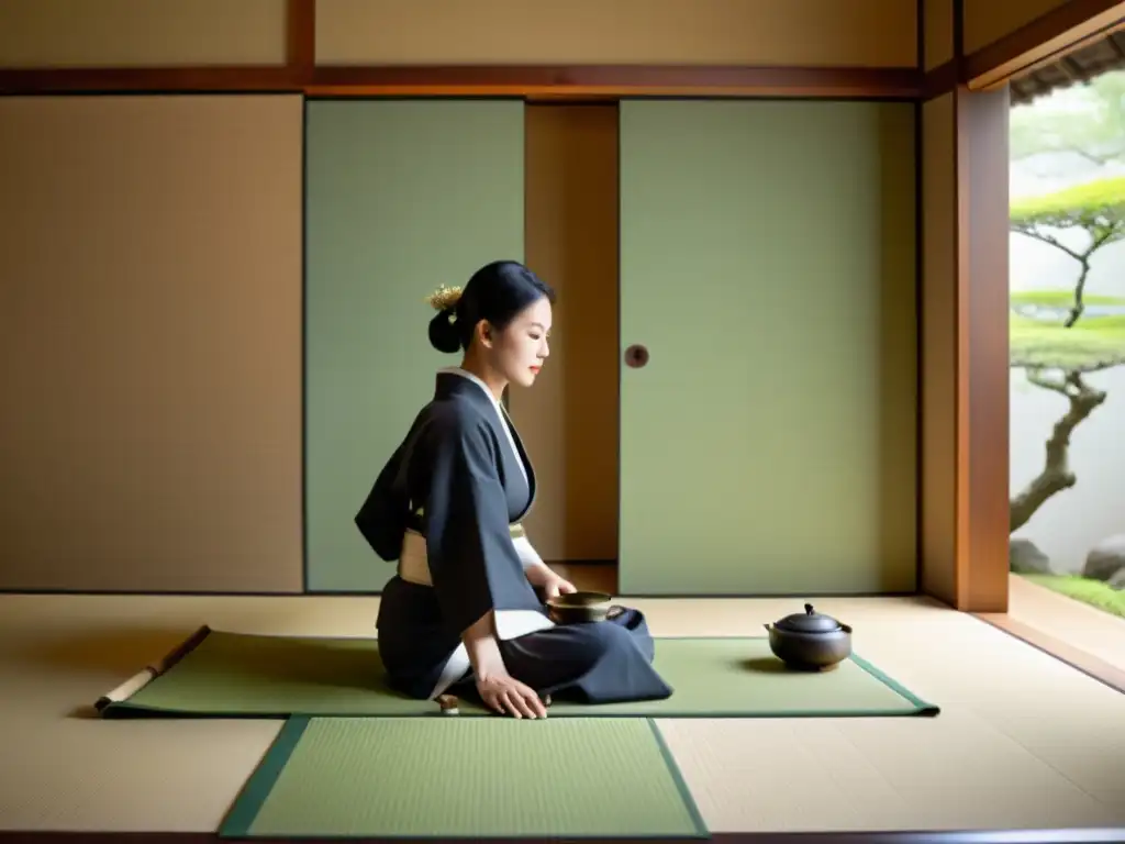 Una ceremonia del té japonesa en una habitación serena con detalles minimalistas