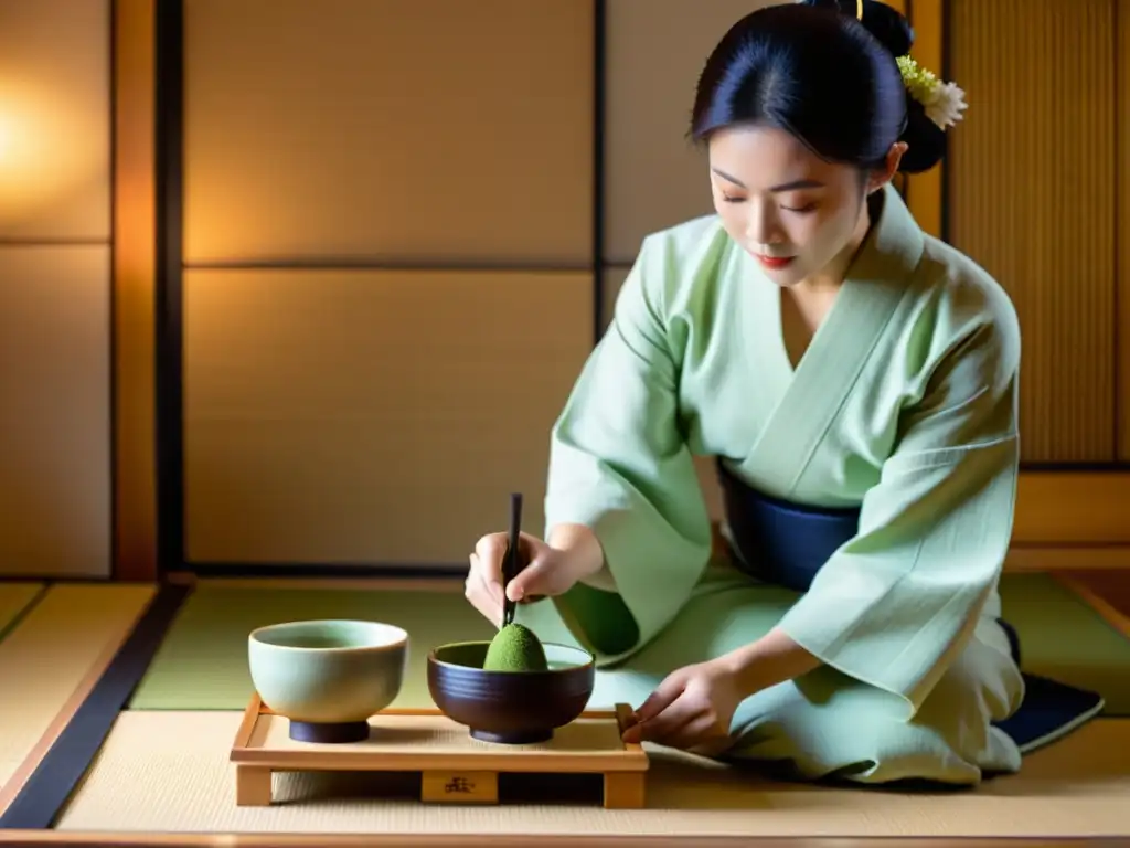 Una ceremonia del té japonesa en una habitación de tatami, con una anfitriona vistiendo kimono, preparando matcha con meticulosidad