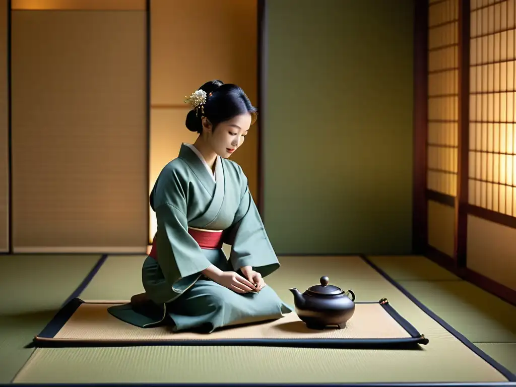 Una ceremonia del té japonesa en una habitación de tatami, destacando el legado samurái en la meticulosidad y reverencia