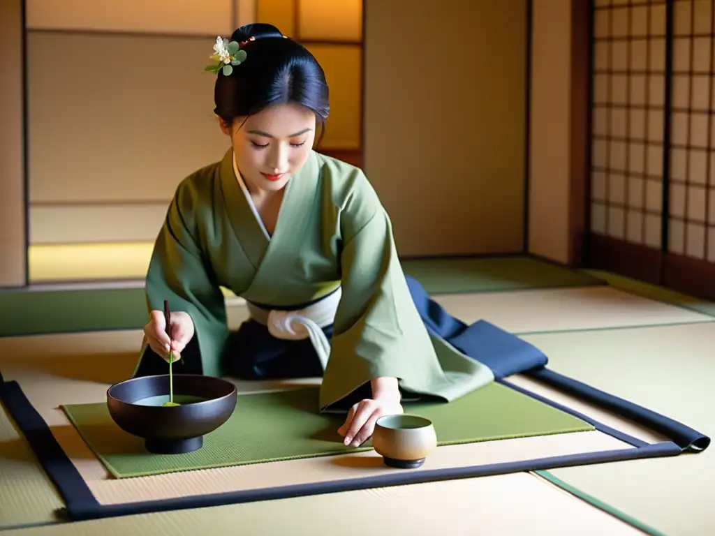 Una ceremonia japonesa del té en una habitación de tatami en Fushimi, Kyoto