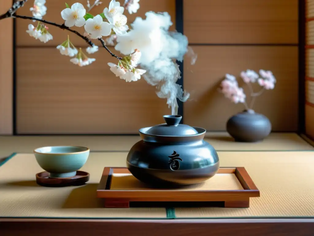 Una ceremonia del té japonesa con inciensario de cerámica samurái, rodeada de elegante decoración y suave iluminación