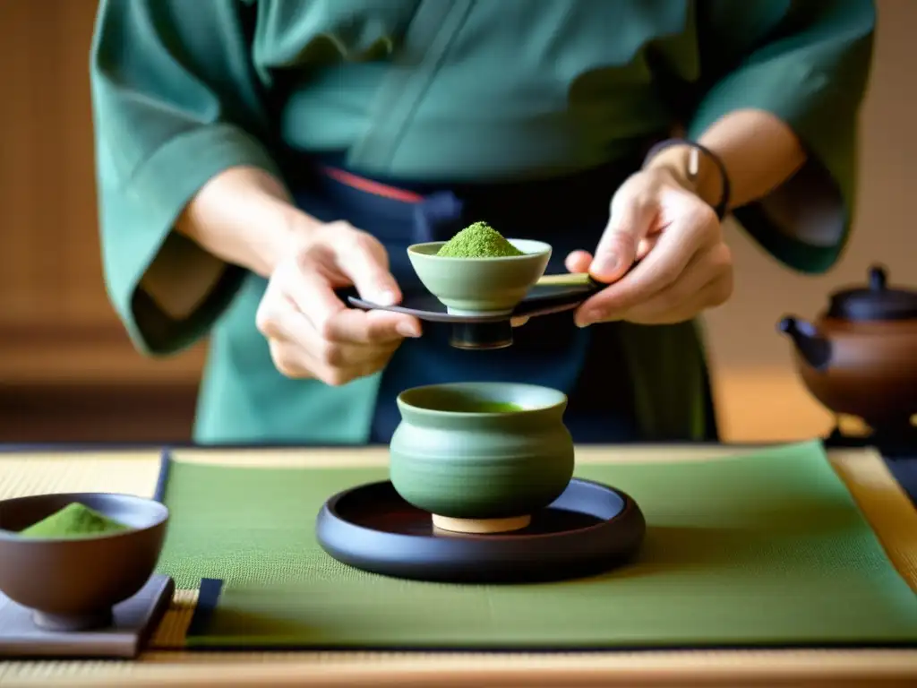 Una ceremonia del té japonesa con influencia zen en la cocina samurái: preparación delicada y serena, utensilios tradicionales y precisión