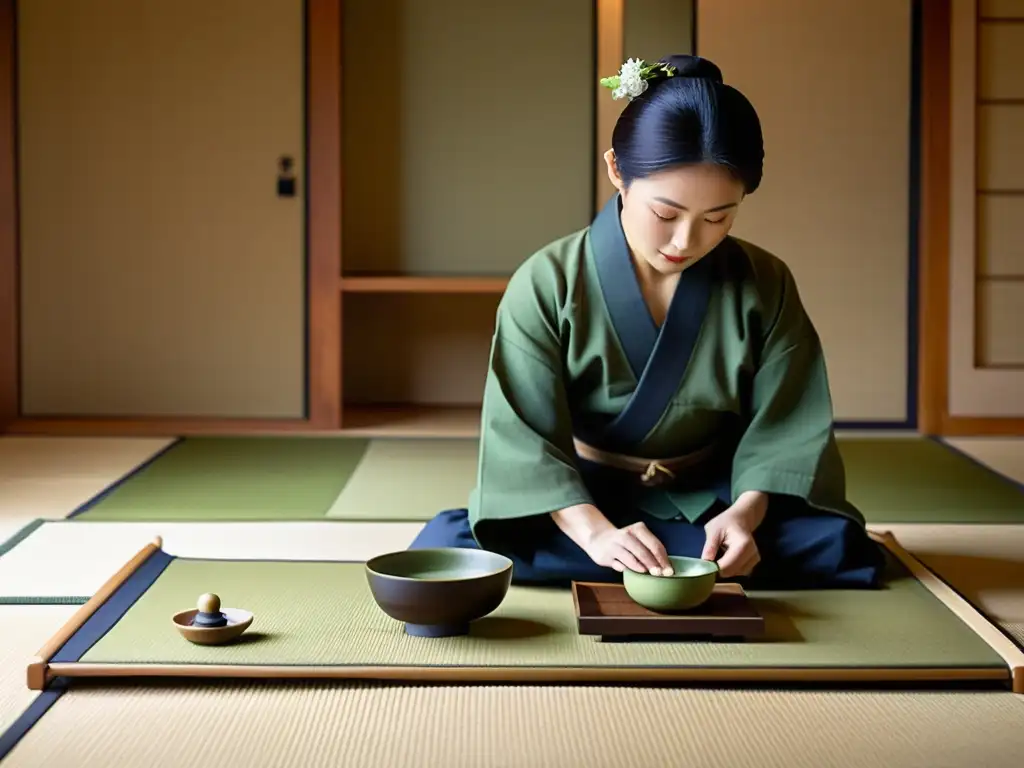 Una ceremonia del té japonesa en una habitación tatami, con intercambios comerciales samuráis América en el foco, transmitiendo tradición y elegancia