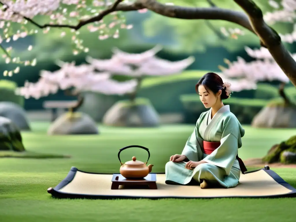 Una ceremonia del té japonesa se desarrolla en un jardín sereno, con movimientos precisos y gracia