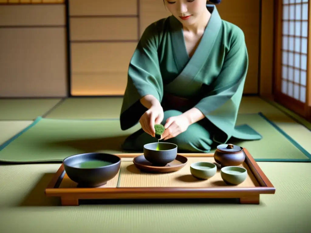 Una ceremonia del té japonesa con kimono y utensilios tradicionales, en una atmósfera serena y minimalista