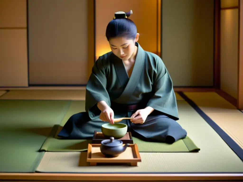 Una ceremonia del té japonesa, con un maestro del té vistiendo kimono, sirviendo matcha a invitados en un ambiente sereno