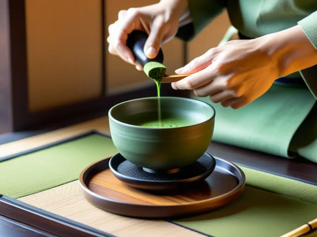 En una ceremonia del té japonesa, el maestro vierte matcha en una taza de cerámica, en un ambiente sereno y tradicional