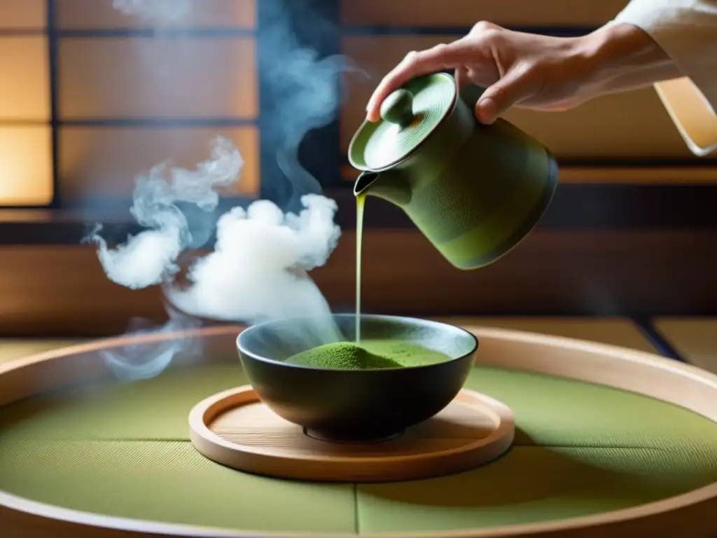 Una ceremonia del té japonesa en una habitación tatami minimalista, capturando la filosofía minimalista samurái