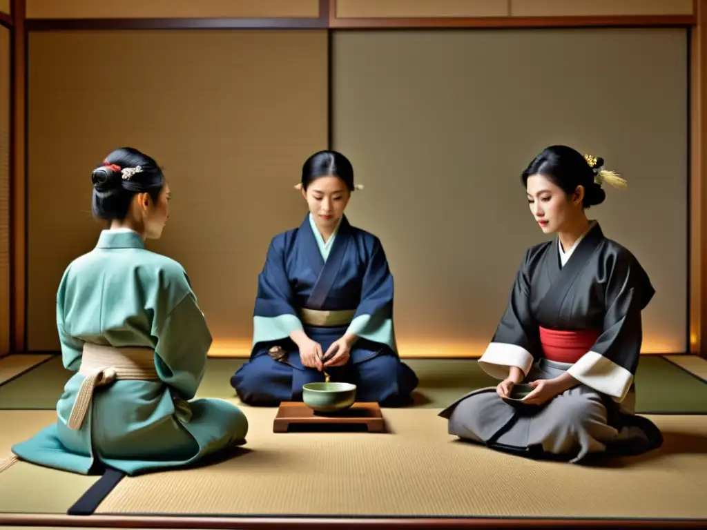 Una ceremonia del té japonesa moderna con influencia samurái en etiqueta, donde la precisión y la elegancia se entrelazan con la tradición