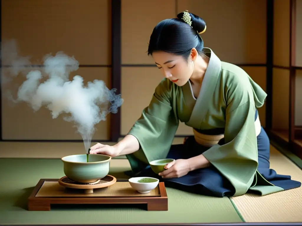 Una ceremonia del té japonesa con movimiento meticuloso, kimono ornamental y ambiente tranquilo