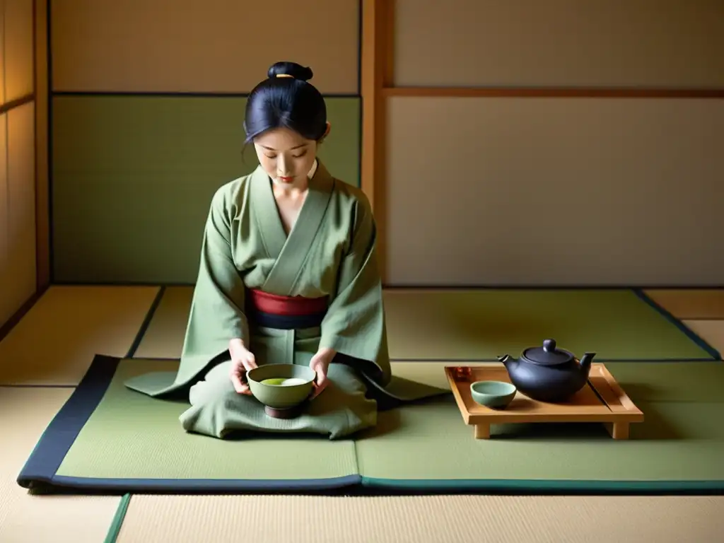 Una ceremonia del té japonesa en una habitación tatami, con movimientos delicados y ambiente tranquilo