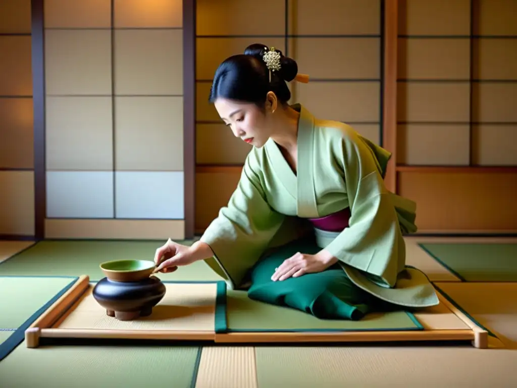 Una ceremonia del té japonesa con movimientos delicados en una habitación tranquila