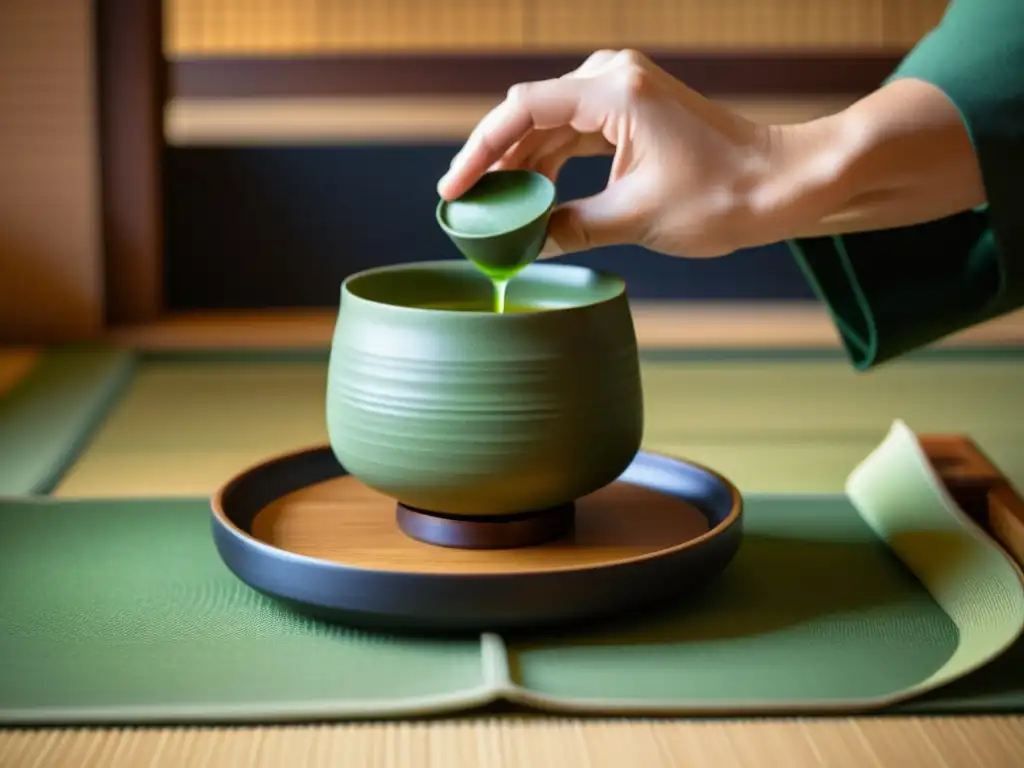 Una ceremonia del té japonesa, con movimientos delicados y luz suave, evocando la poesía samurái alma guerrera