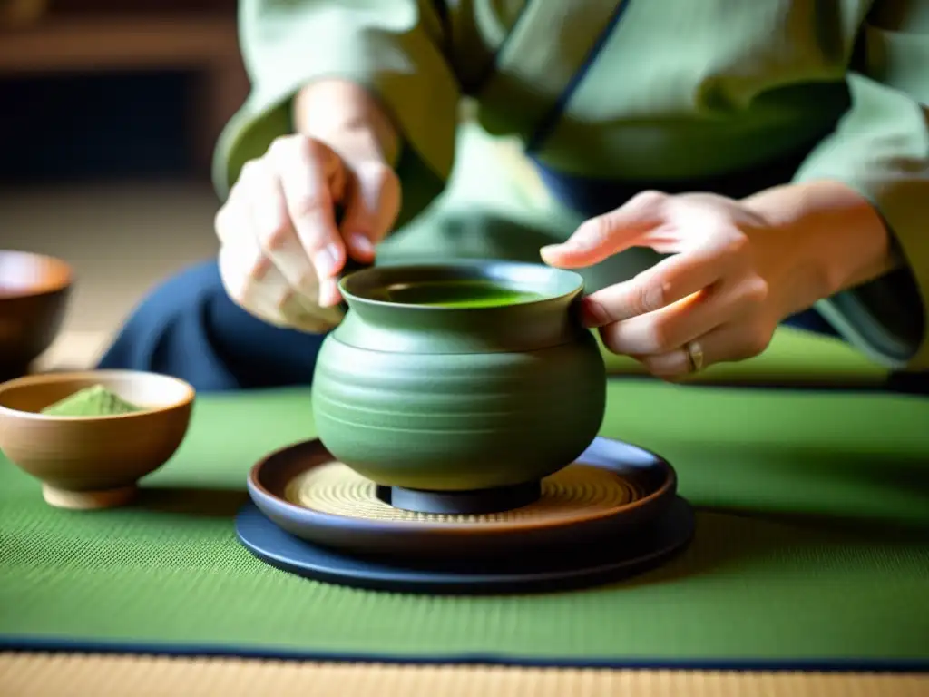 Ceremonia japonesa del té, mostrando la preparación del matcha con movimientos precisos y respetuosos