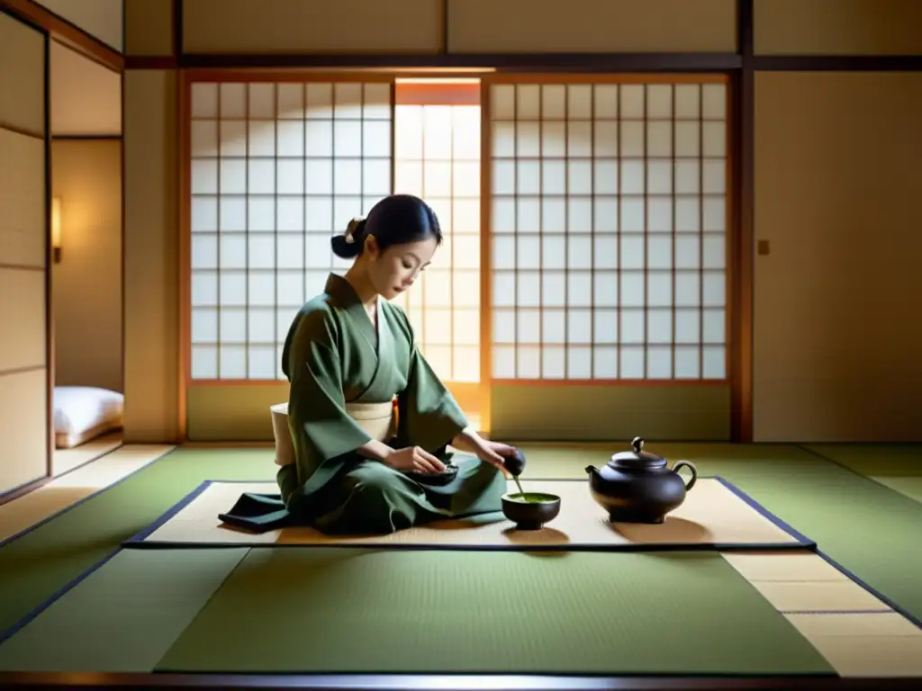 Una ceremonia del té japonesa en una sala minimalista, donde se sirve matcha con gracia