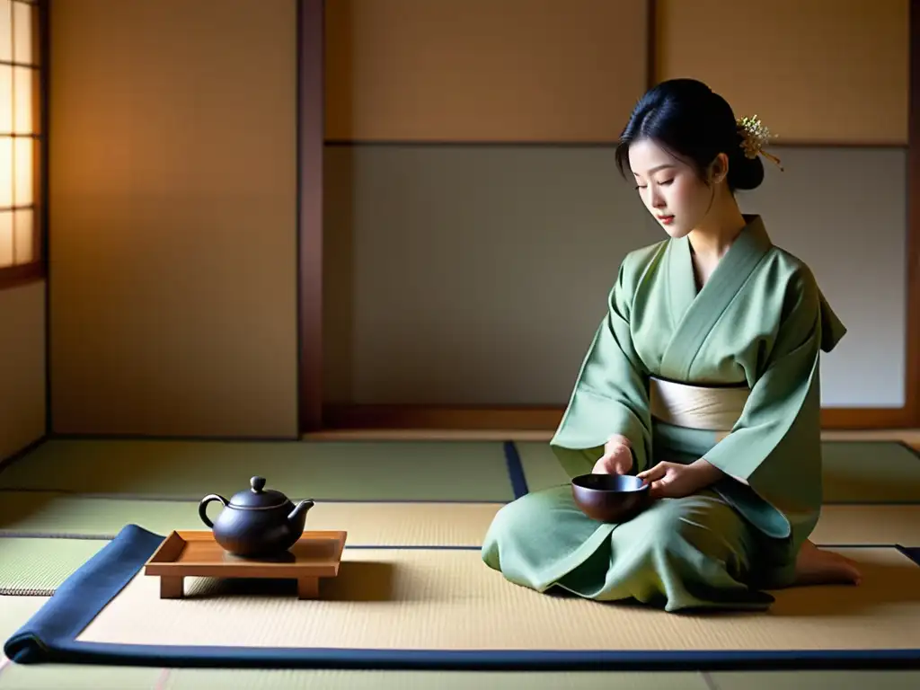 Una ceremonia del té japonesa en una sala minimalista, iluminada con suave luz natural