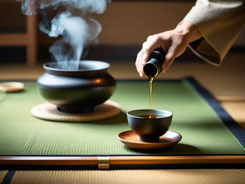 Una ceremonia del té japonesa en una sala minimalista, con un maestro del té preparando la bebida con gracia