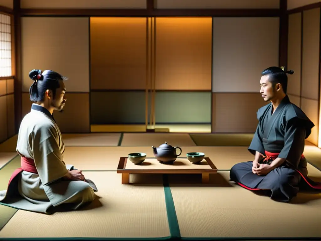 La influencia silenciosa de los samuráis en la ceremonia del té japonesa Una ceremonia del té japonesa en una sala minimalista con samuráis observando en silencio